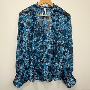 Anthropologie Blouse Women's Size Small Blue Floral Tie V-Neck Top Ruffle Neck